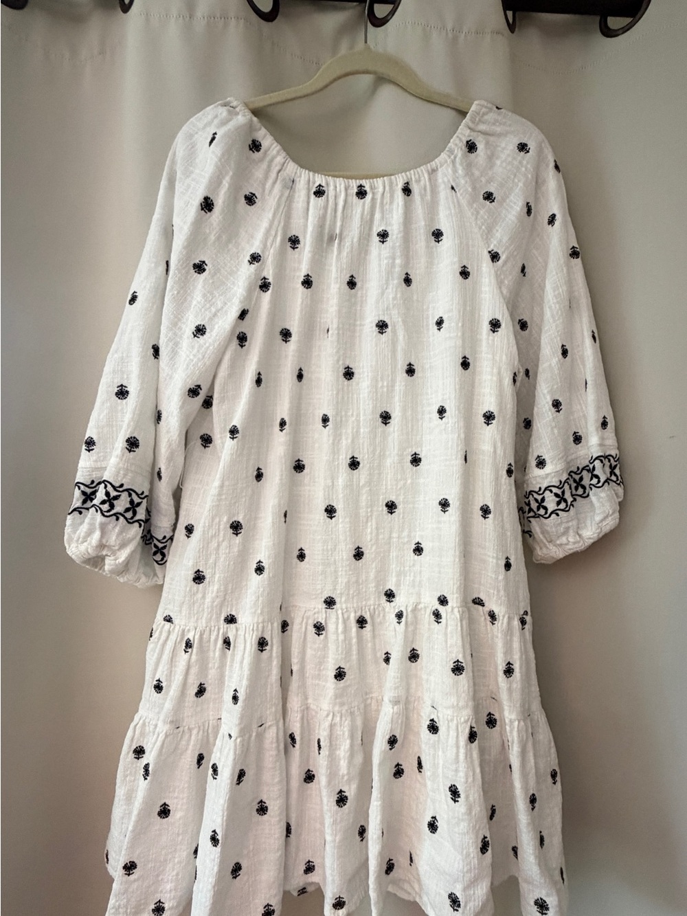 Cream Embroidered Tiered Casual Dress with Black Accents